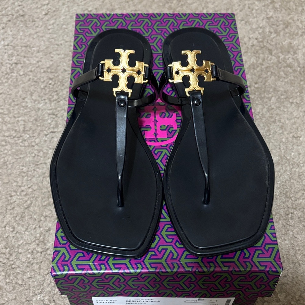 Tory Burch Black Sandals with Gold Emblem Size 9